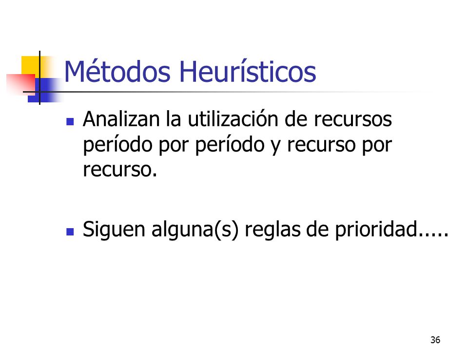 Métodos Heurísticos Analizan la utilización de recursos período por período y recurso por recurso. Siguen alguna(s) reglas de prioridad.....