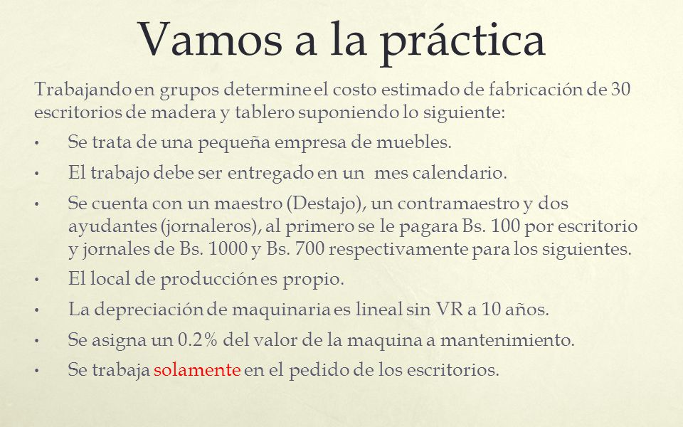 Vamos a la práctica Trabajando en grupos determine el costo estimado de fabricación de 30 escritorios de madera y tablero suponiendo lo siguiente: