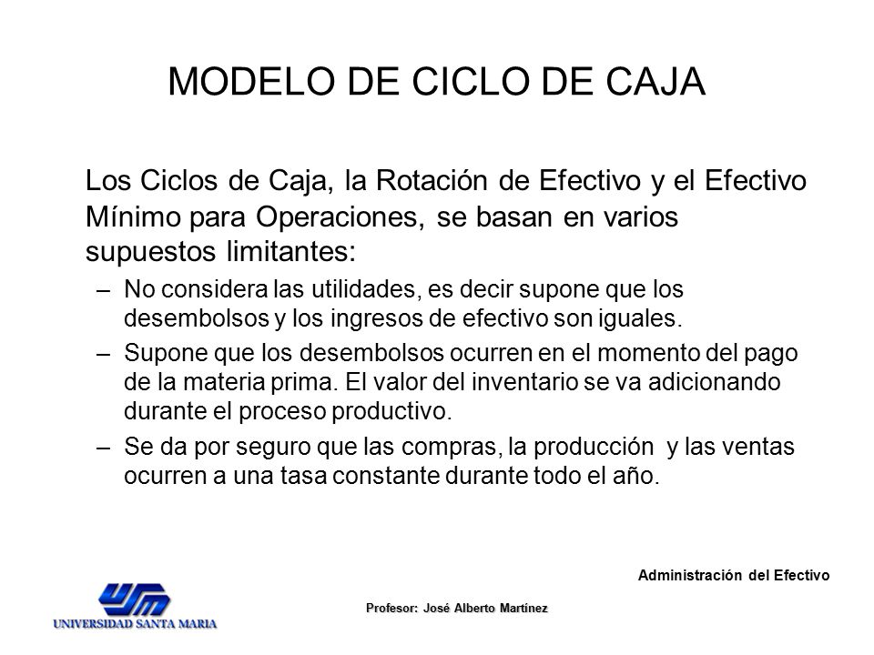 MODELO DE CICLO DE CAJA Los Ciclos de Caja, la Rotación de Efectivo y el Efectivo Mínimo para Operaciones, se basan en varios supuestos limitantes: