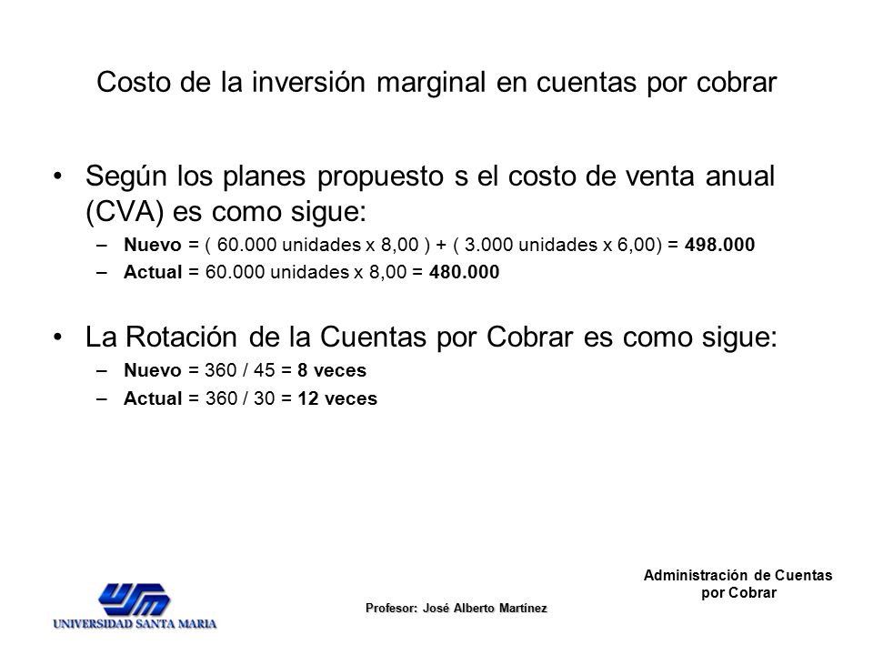 Costo de la inversión marginal en cuentas por cobrar