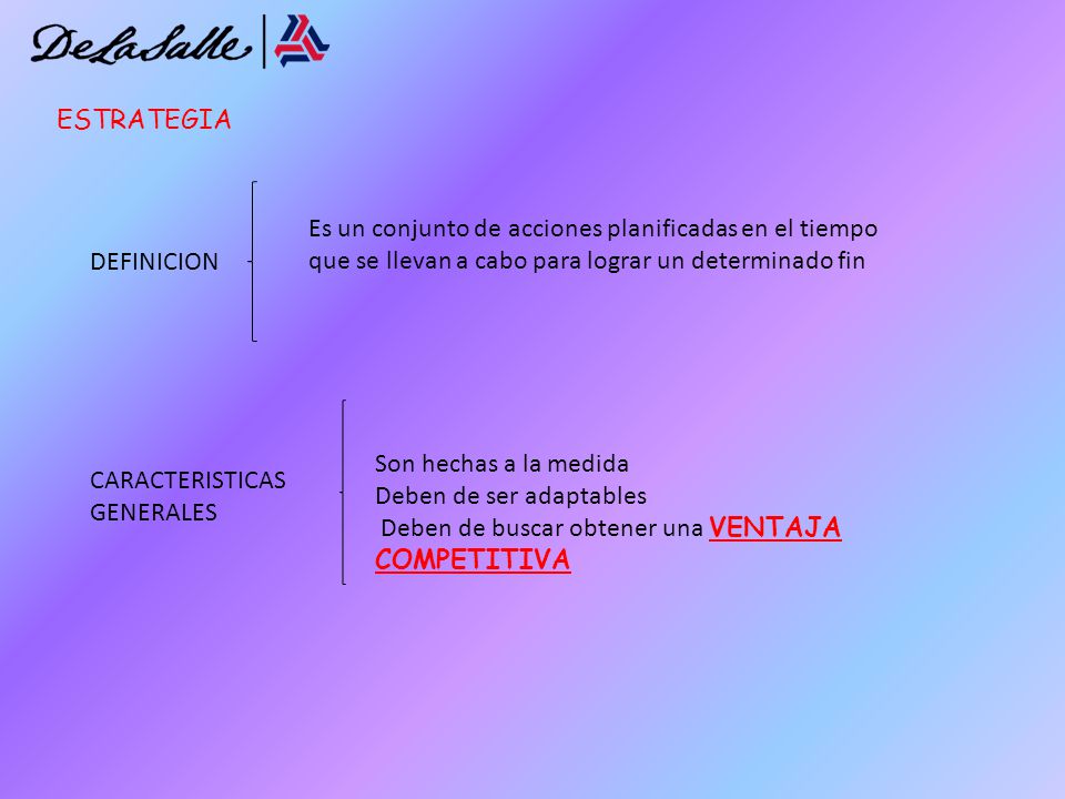 ESTRATEGIA Es un conjunto de acciones planificadas en el tiempo que se llevan a cabo para lograr un determinado fin.