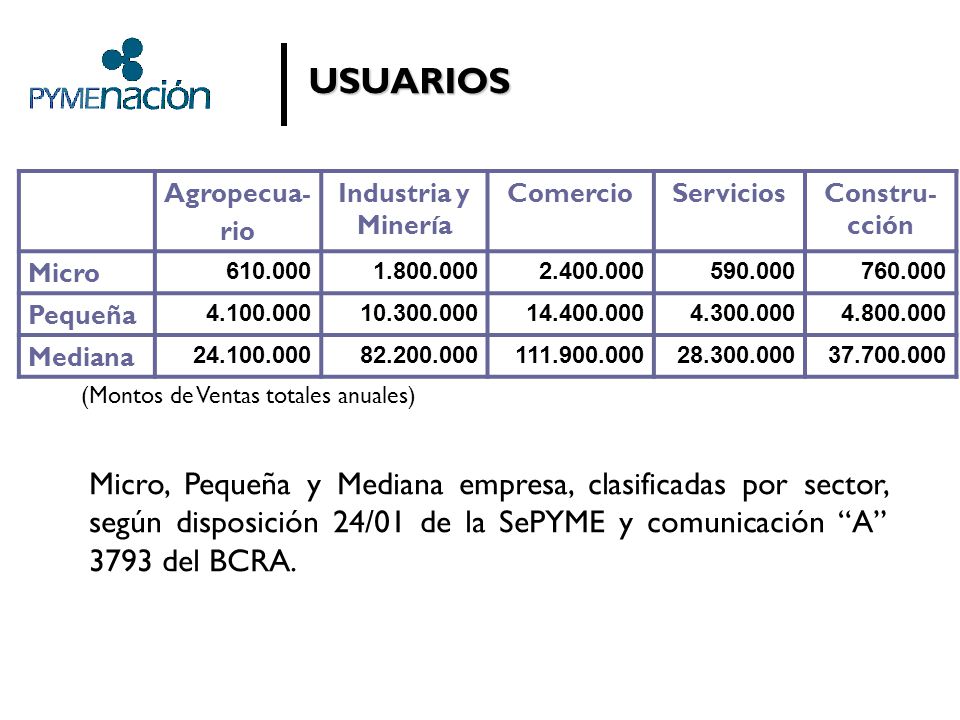 USUARIOS Agropecua- rio. Industria y Minería. Comercio. Servicios. Constru-cción. Micro