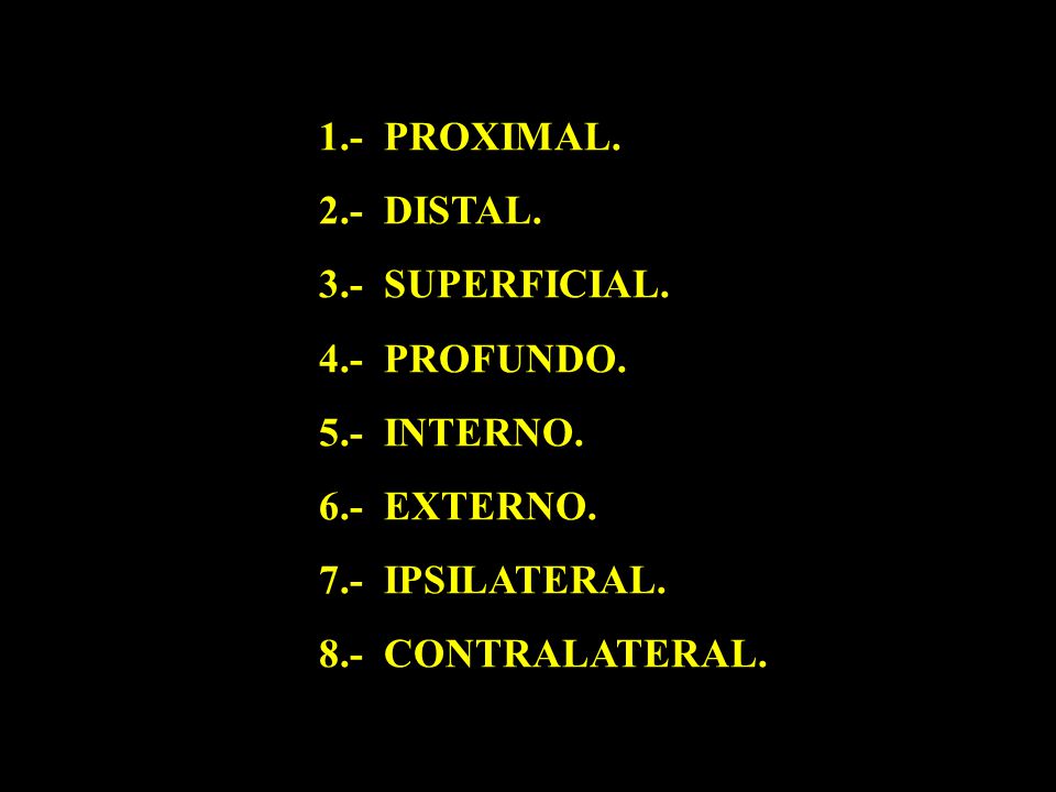 1.- PROXIMAL. 2.- DISTAL. 3.- SUPERFICIAL. 4.- PROFUNDO. 5.- INTERNO. 6.- EXTERNO. 7.- IPSILATERAL.