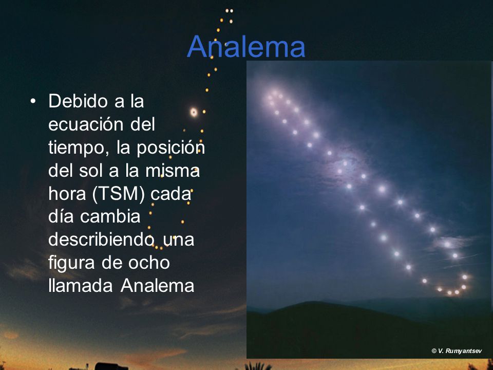 Analema Debido a la ecuación del tiempo, la posición del sol a la misma hora (TSM) cada día cambia describiendo una figura de ocho llamada Analema.