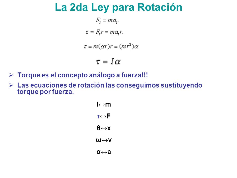 La 2da Ley para Rotación Torque es el concepto análogo a fuerza!!!