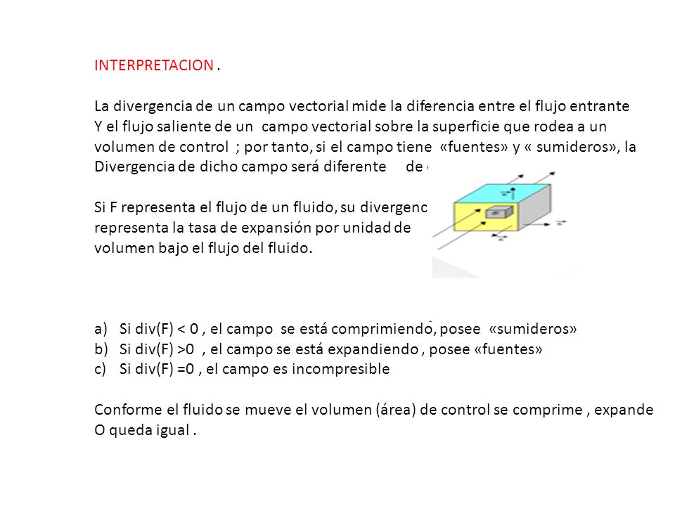 INTERPRETACION . La divergencia de un campo vectorial mide la diferencia entre el flujo entrante.