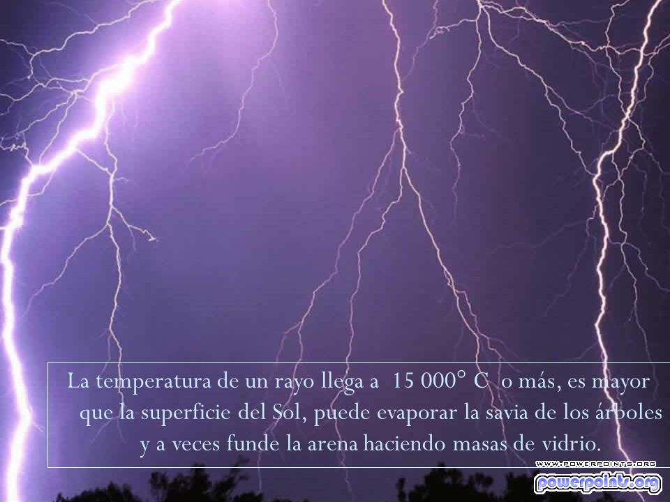 La temperatura de un rayo llega a ° C o más, es mayor que la superficie del Sol, puede evaporar la savia de los árboles y a veces funde la arena haciendo masas de vidrio.