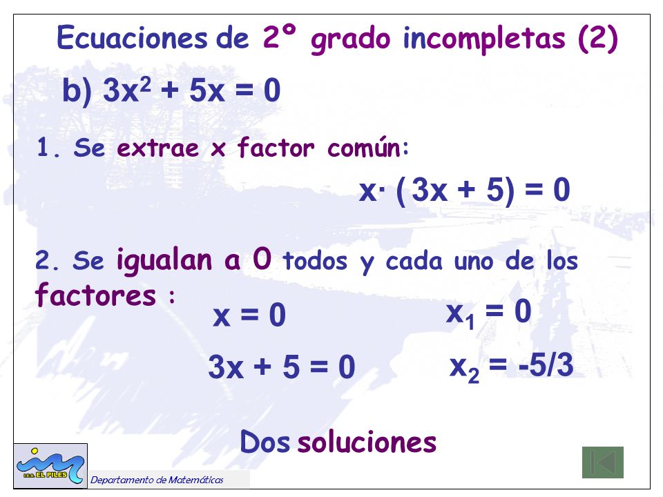 b) 3x2 + 5x = 0 Ecuaciones de 2º grado incompletas (2) Dos soluciones