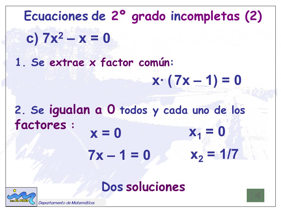 c) 7x2 – x = 0 Ecuaciones de 2º grado incompletas (2) Dos soluciones