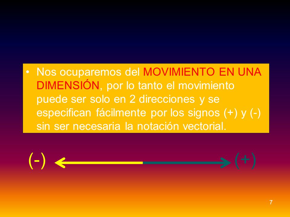 Nos ocuparemos del MOVIMIENTO EN UNA DIMENSIÓN, por lo tanto el movimiento puede ser solo en 2 direcciones y se especifican fácilmente por los signos (+) y (-) sin ser necesaria la notación vectorial.