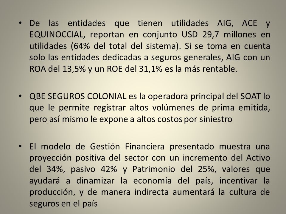 De las entidades que tienen utilidades AIG, ACE y EQUINOCCIAL, reportan en conjunto USD 29,7 millones en utilidades (64% del total del sistema). Si se toma en cuenta solo las entidades dedicadas a seguros generales, AIG con un ROA del 13,5% y un ROE del 31,1% es la más rentable.