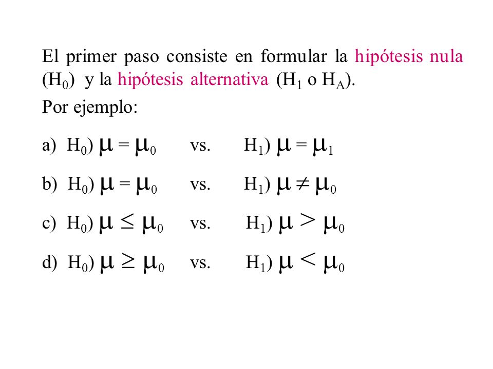 El primer paso consiste en formular la hipótesis nula (H0) y la hipótesis alternativa (H1 o HA).