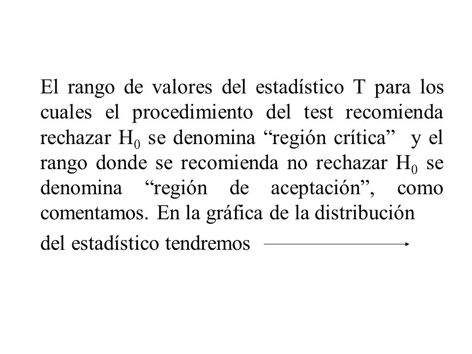 El rango de valores del estadístico T para los cuales el procedimiento del test recomienda rechazar H0 se denomina región crítica y el rango donde se recomienda no rechazar H0 se denomina región de aceptación , como comentamos. En la gráfica de la distribución