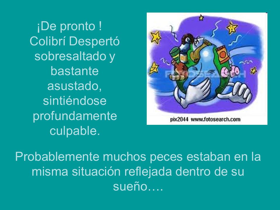 ¡De pronto ! Colibrí Despertó sobresaltado y bastante asustado, sintiéndose profundamente culpable.