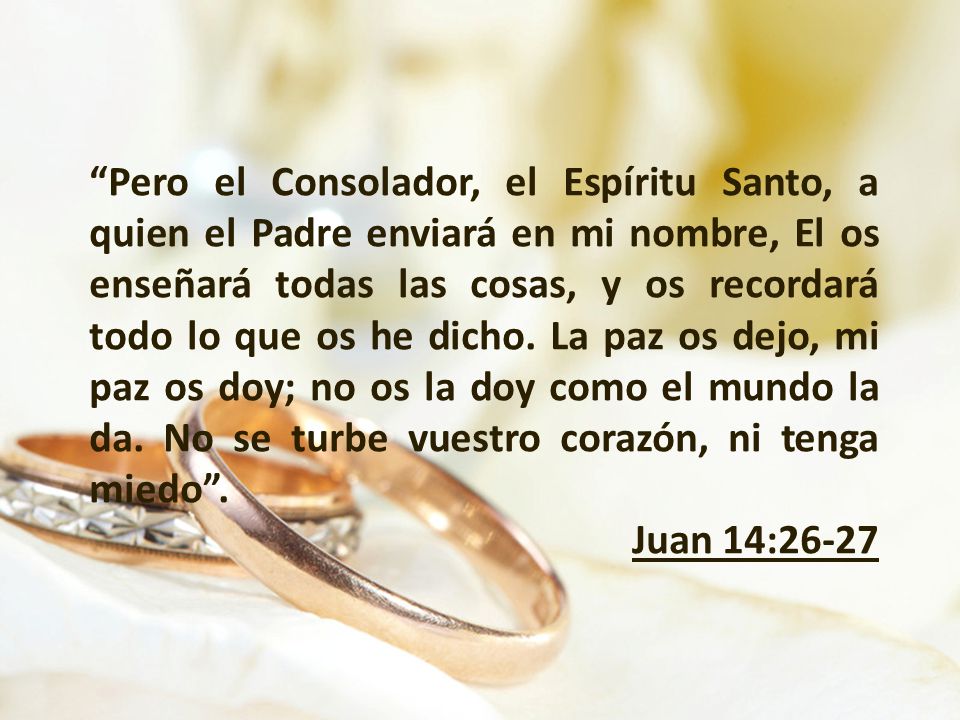 Pero el Consolador, el Espíritu Santo, a quien el Padre enviará en mi nombre, El os enseñará todas las cosas, y os recordará todo lo que os he dicho. La paz os dejo, mi paz os doy; no os la doy como el mundo la da. No se turbe vuestro corazón, ni tenga miedo .