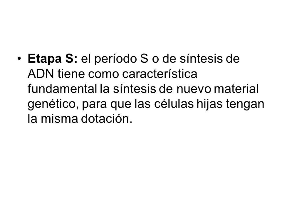 Etapa S: el período S o de síntesis de ADN tiene como característica fundamental la síntesis de nuevo material genético, para que las células hijas tengan la misma dotación.