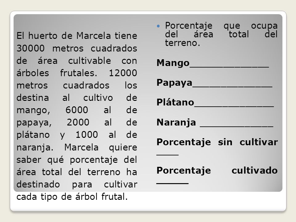 El huerto de Marcela tiene metros cuadrados de área cultivable con árboles frutales metros cuadrados los destina al cultivo de mango, 6000 al de papaya, 2000 al de plátano y 1000 al de naranja. Marcela quiere saber qué porcentaje del área total del terreno ha destinado para cultivar cada tipo de árbol frutal.