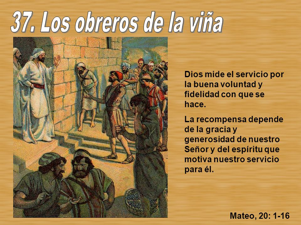 37. Los obreros de la viña Dios mide el servicio por la buena voluntad y fidelidad con que se hace.
