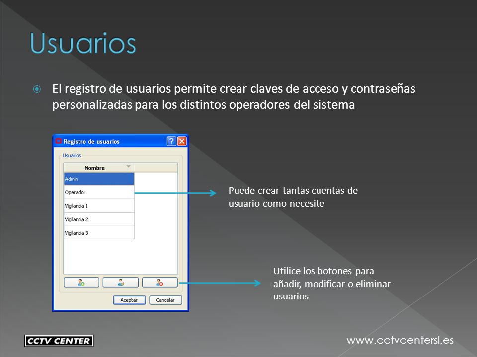 Usuarios El registro de usuarios permite crear claves de acceso y contraseñas personalizadas para los distintos operadores del sistema.