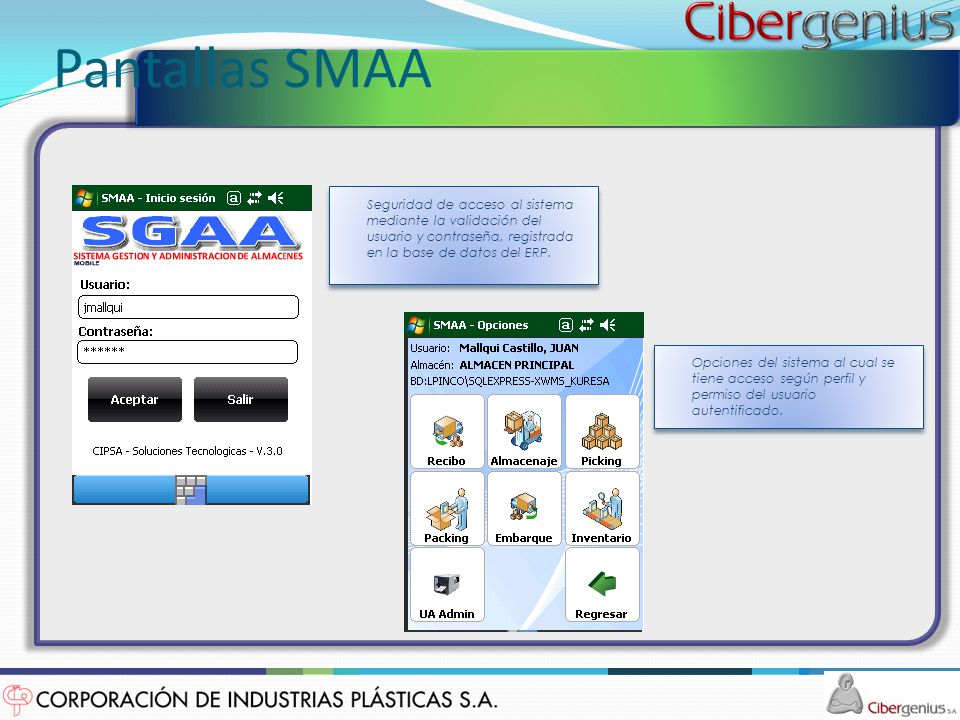 Pantallas SMAA Seguridad de acceso al sistema mediante la validación del usuario y contraseña, registrada en la base de datos del ERP.