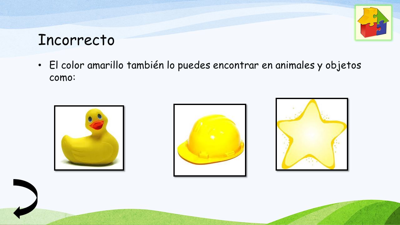 Incorrecto El color amarillo también lo puedes encontrar en animales y objetos como: