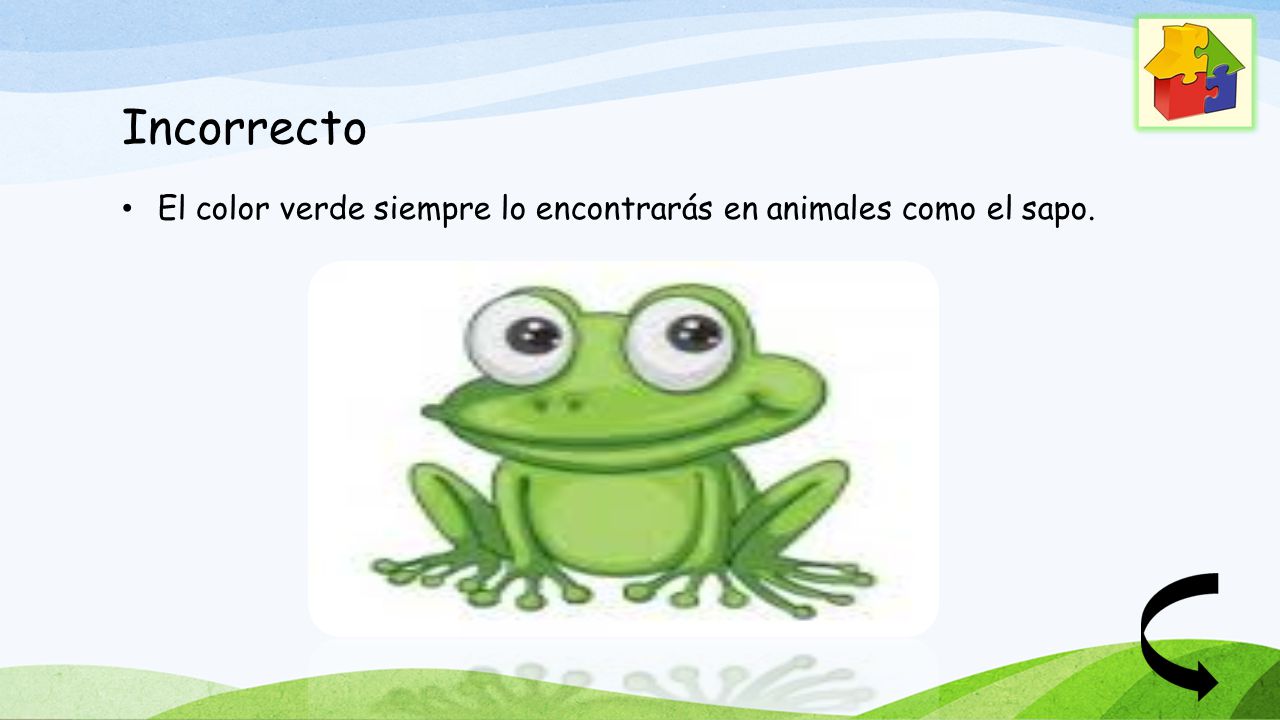 Incorrecto El color verde siempre lo encontrarás en animales como el sapo.