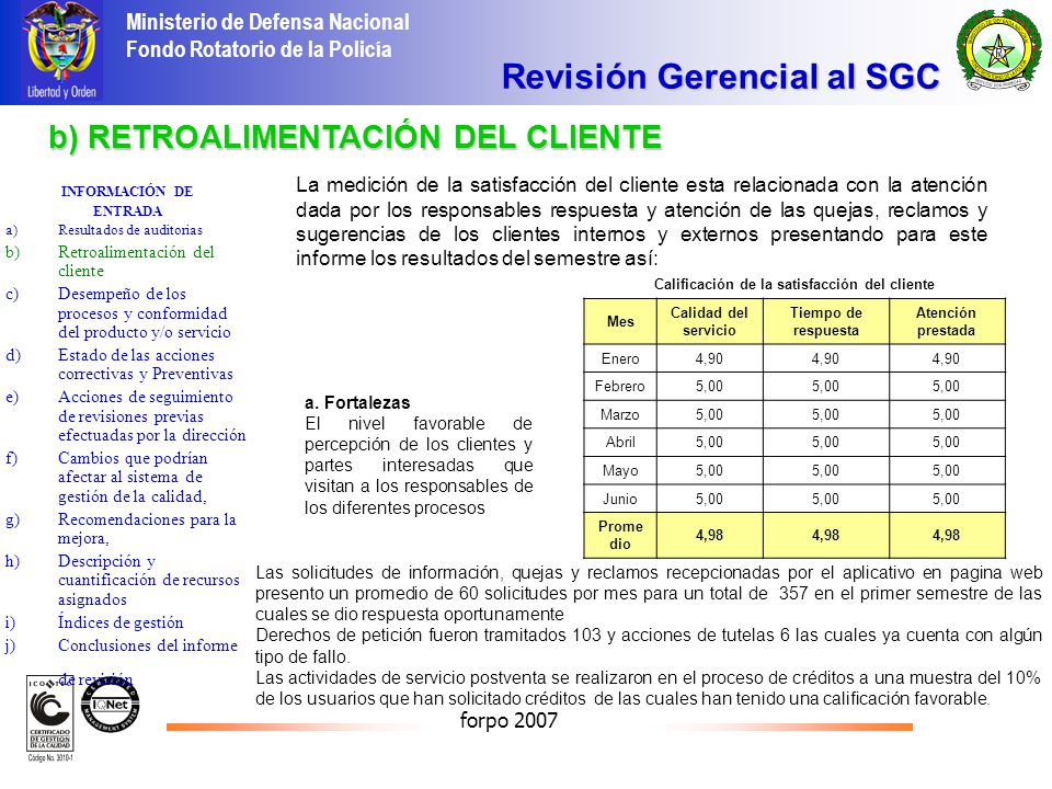 Revisión Gerencial al SGC Calificación de la satisfacción del cliente