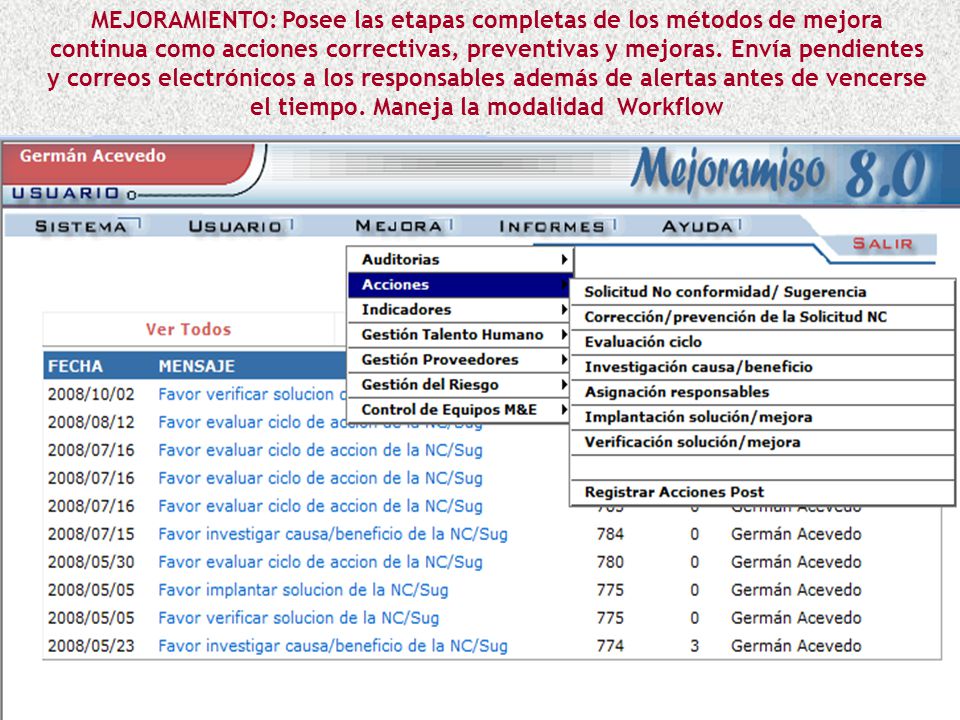 MEJORAMIENTO: Posee las etapas completas de los métodos de mejora continua como acciones correctivas, preventivas y mejoras.