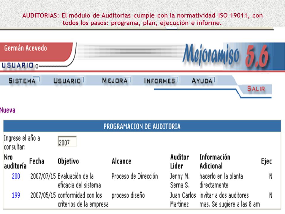 AUDITORIAS: El módulo de Auditorias cumple con la normatividad ISO 19011, con todos los pasos: programa, plan, ejecución e informe.