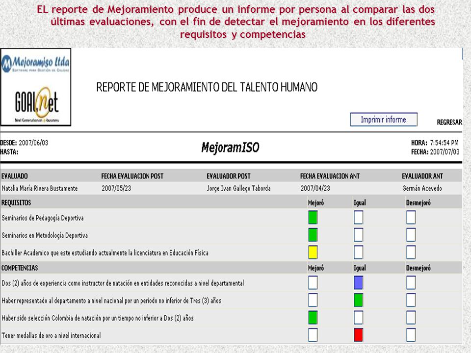 EL reporte de Mejoramiento produce un informe por persona al comparar las dos últimas evaluaciones, con el fin de detectar el mejoramiento en los diferentes requisitos y competencias