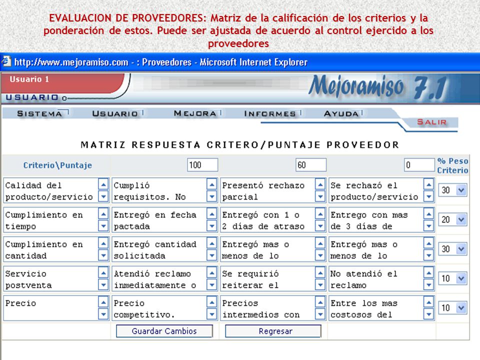 EVALUACION DE PROVEEDORES: Matriz de la calificación de los criterios y la ponderación de estos.