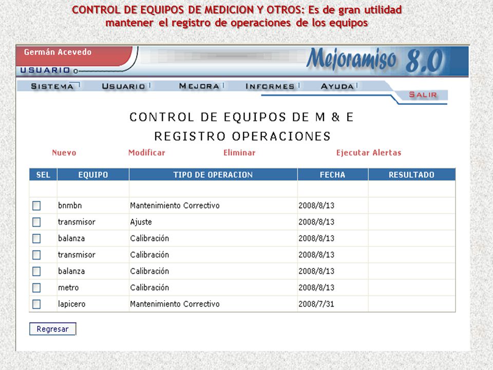 CONTROL DE EQUIPOS DE MEDICION Y OTROS: Es de gran utilidad mantener el registro de operaciones de los equipos