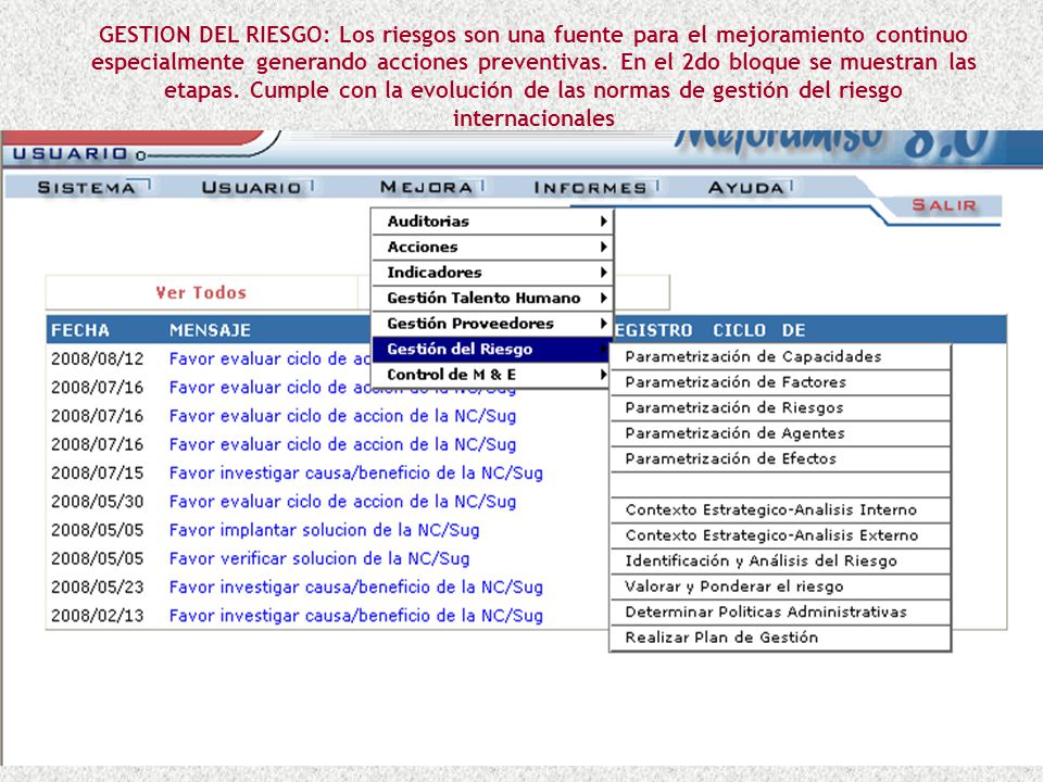 GESTION DEL RIESGO: Los riesgos son una fuente para el mejoramiento continuo especialmente generando acciones preventivas.