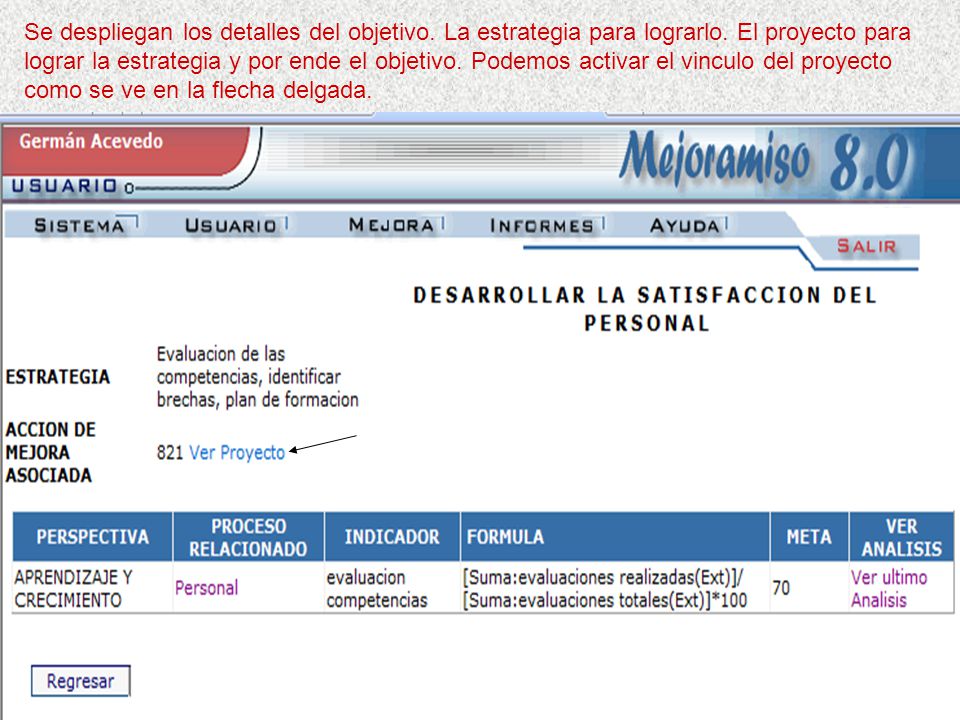 Se despliegan los detalles del objetivo. La estrategia para lograrlo