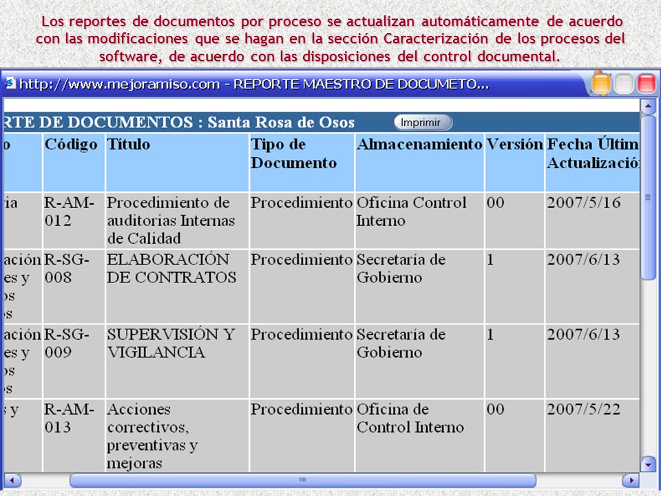 Los reportes de documentos por proceso se actualizan automáticamente de acuerdo con las modificaciones que se hagan en la sección Caracterización de los procesos del software, de acuerdo con las disposiciones del control documental.