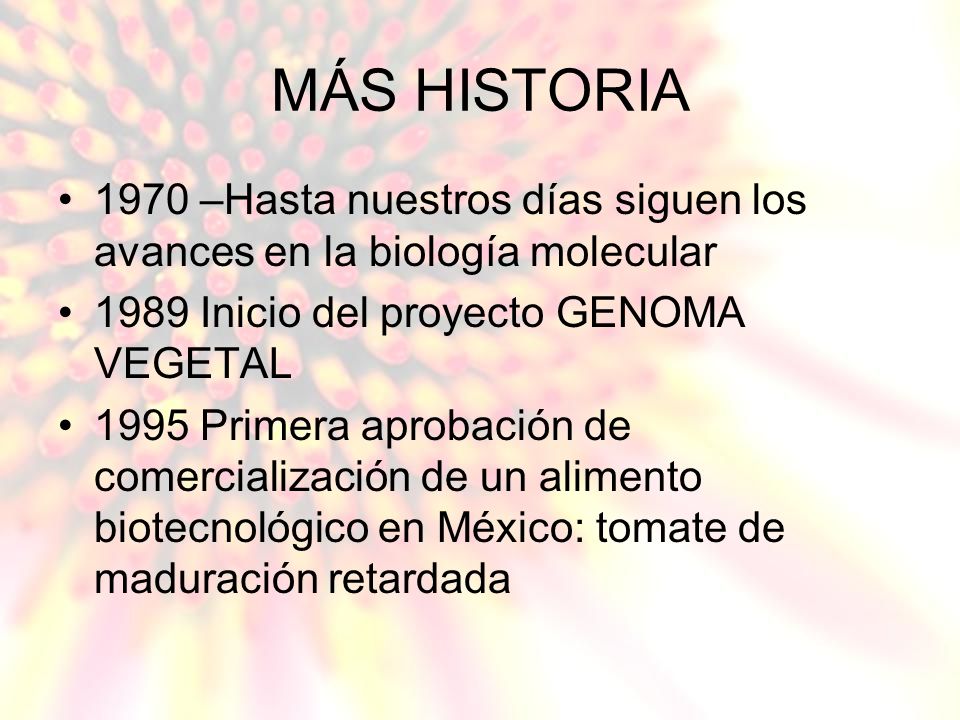 MÁS HISTORIA 1970 –Hasta nuestros días siguen los avances en la biología molecular Inicio del proyecto GENOMA VEGETAL.