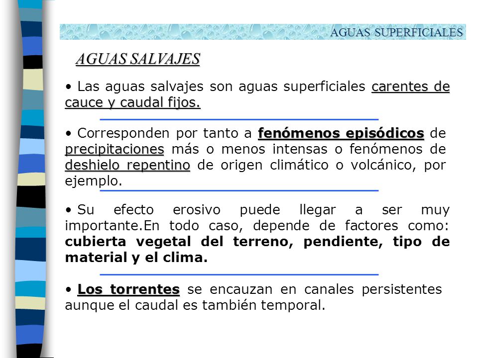 AGUAS SUPERFICIALES AGUAS SALVAJES. Las aguas salvajes son aguas superficiales carentes de cauce y caudal fijos.