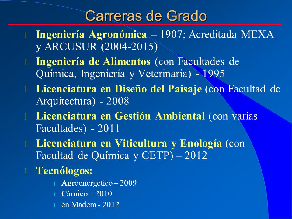 Carreras de Grado Ingeniería Agronómica – 1907; Acreditada MEXA y ARCUSUR ( )