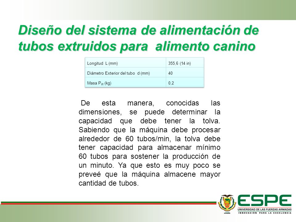 Diseño del sistema de alimentación de tubos extruidos para alimento canino