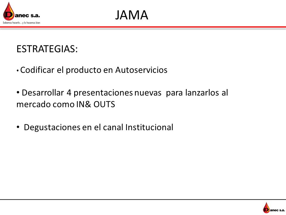 JAMA ESTRATEGIAS: Codificar el producto en Autoservicios. Desarrollar 4 presentaciones nuevas para lanzarlos al mercado como IN& OUTS.