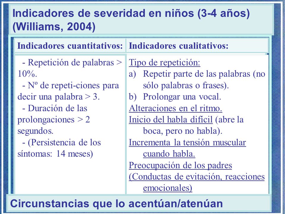 Indicadores de severidad en niños (3-4 años) (Williams, 2004)