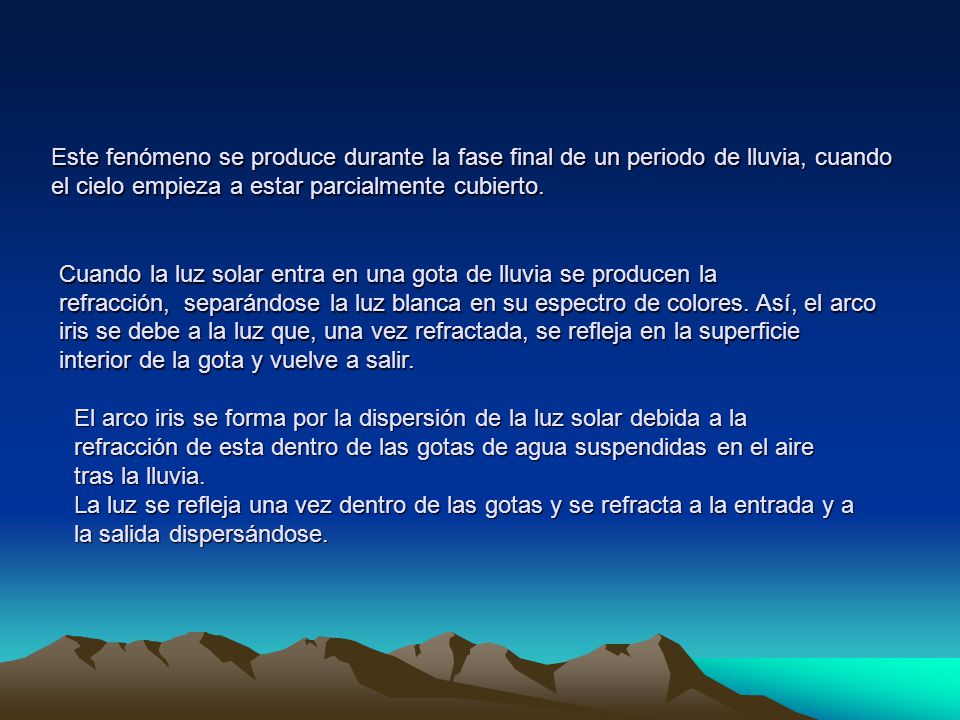 Este fenómeno se produce durante la fase final de un periodo de lluvia, cuando el cielo empieza a estar parcialmente cubierto.