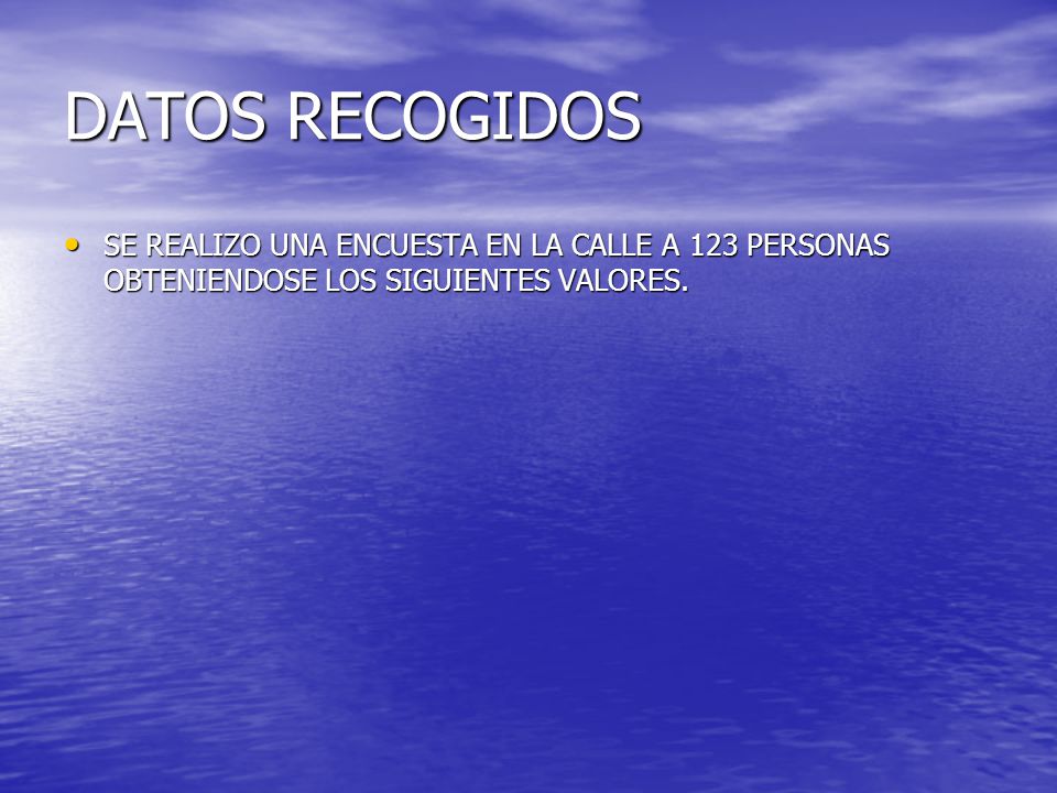 DATOS RECOGIDOS SE REALIZO UNA ENCUESTA EN LA CALLE A 123 PERSONAS OBTENIENDOSE LOS SIGUIENTES VALORES.
