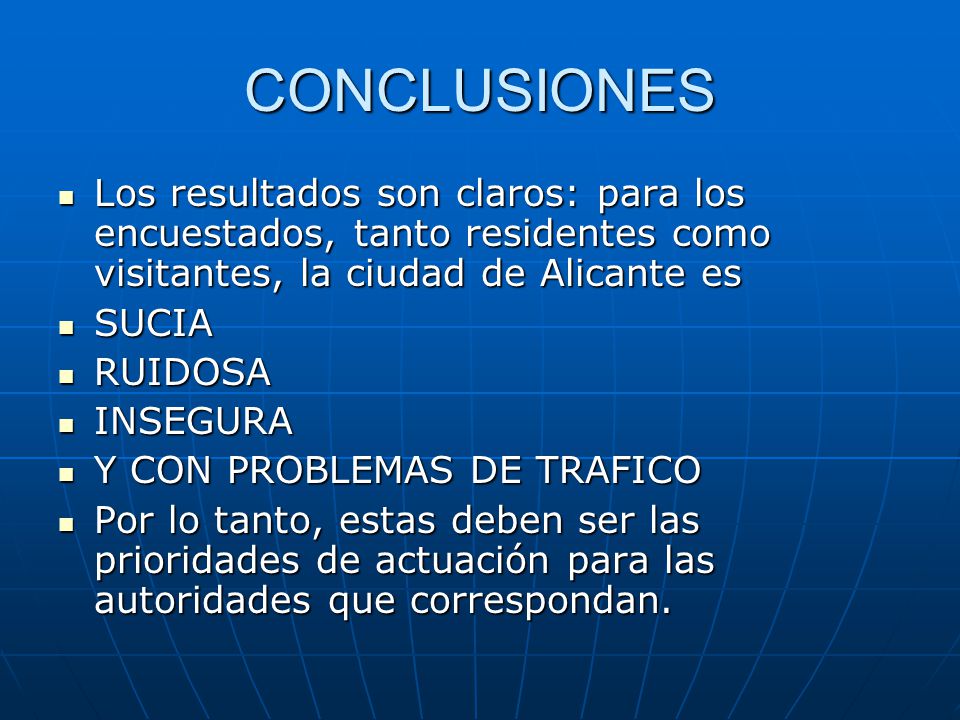 CONCLUSIONES Los resultados son claros: para los encuestados, tanto residentes como visitantes, la ciudad de Alicante es.