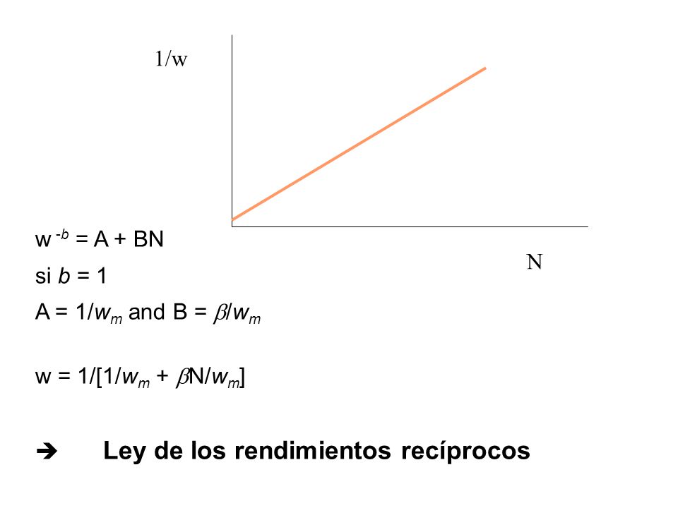 1/w w -b = A + BN. si b = 1. A = 1/wm and B = b/wm. w = 1/[1/wm + bN/wm]  Ley de los rendimientos recíprocos.