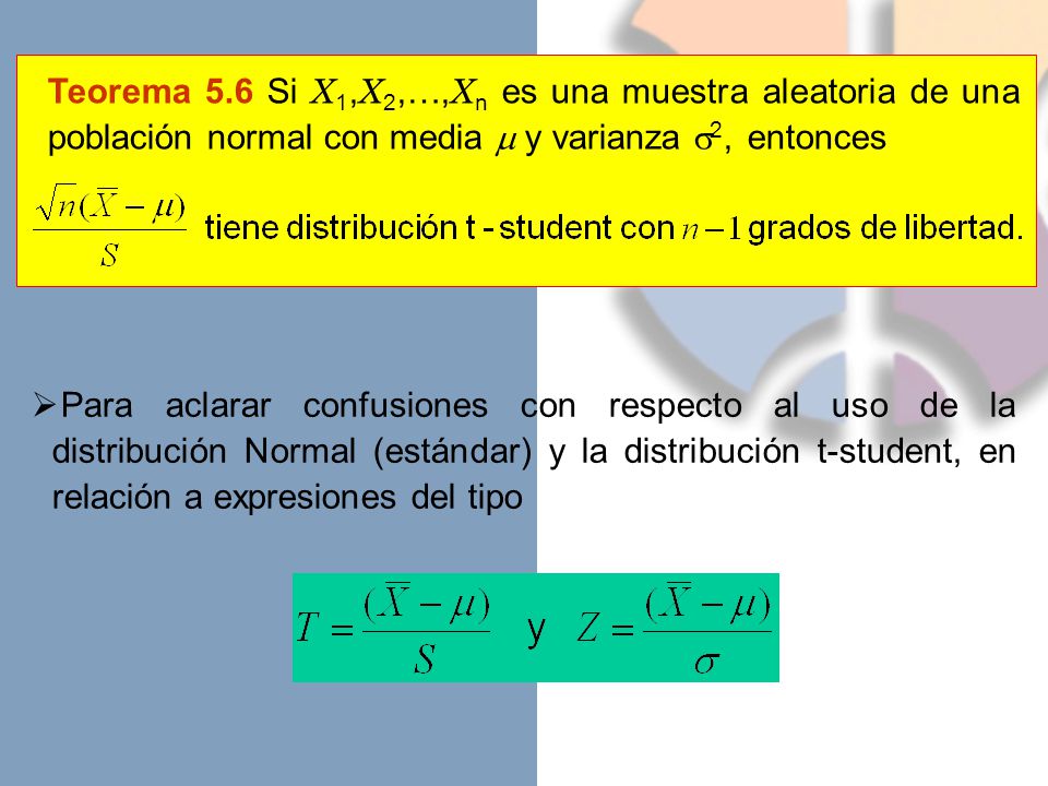 Teorema 5.6 Si X1,X2,…,Xn es una muestra aleatoria de una población normal con media  y varianza 2, entonces