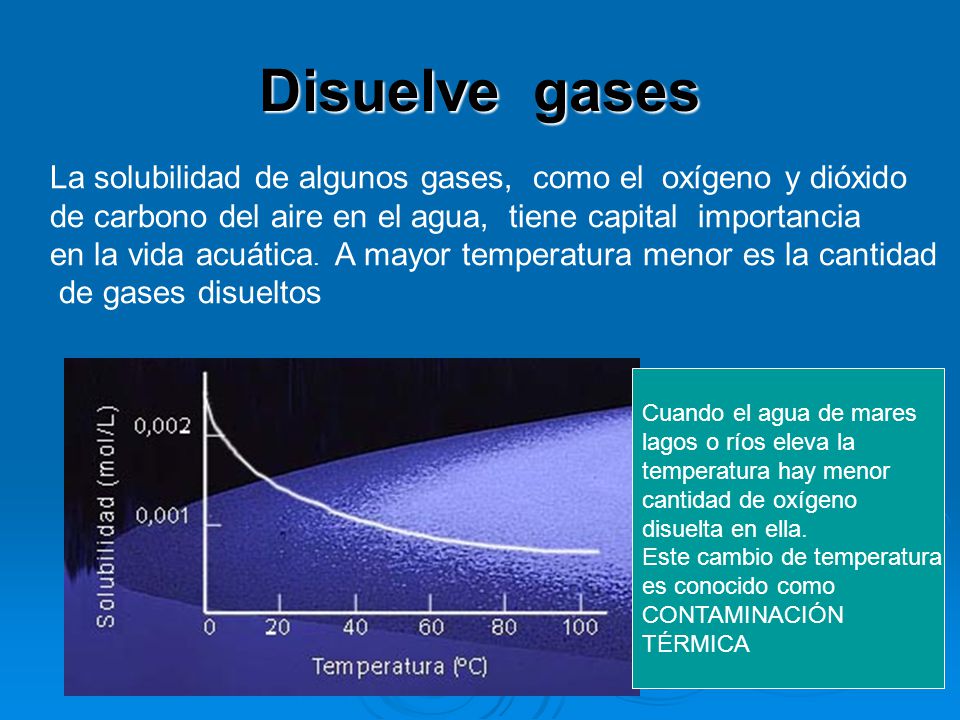 Disuelve gases La solubilidad de algunos gases, como el oxígeno y dióxido. de carbono del aire en el agua, tiene capital importancia.