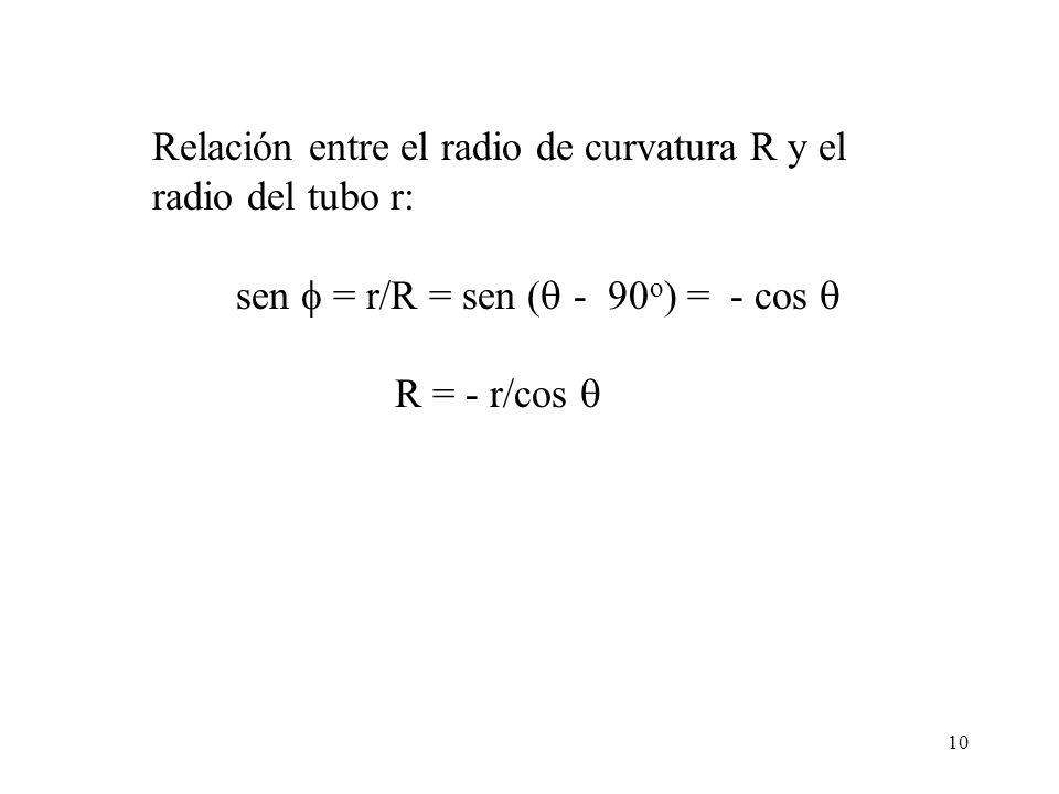 Relación entre el radio de curvatura R y el radio del tubo r: