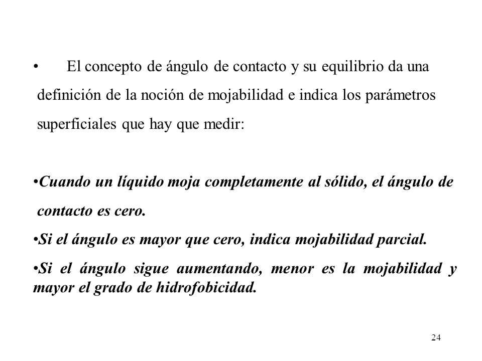 El concepto de ángulo de contacto y su equilibrio da una