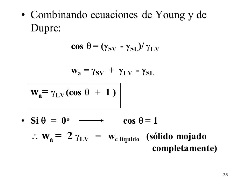 cos  = (SV - SL)/ LV wa = SV + LV - SL